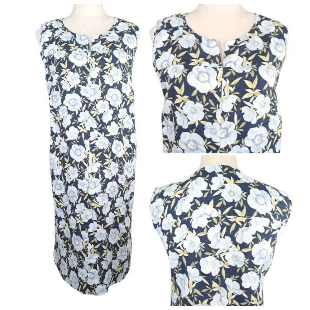 J. Jill Shift Dress Size L Navy & Baby Blue Floral Linen Sleeveless‎ Casual Chic